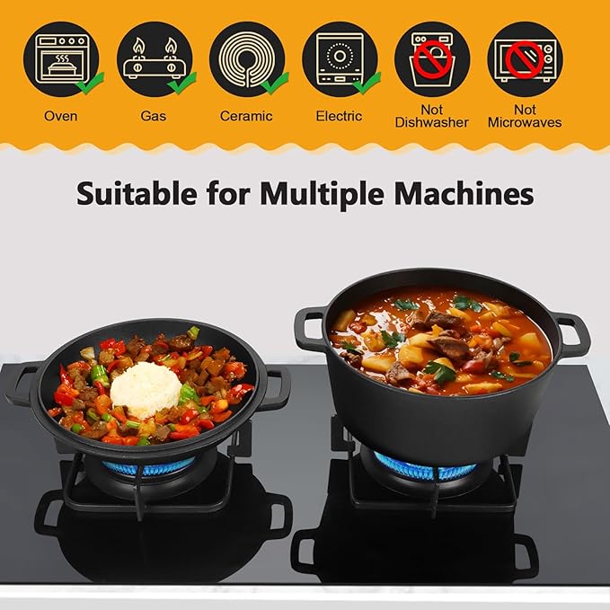P&P CHEF 5Qt Dutch Oven Pot for Bread Baking, 2 In 1 Round Cast Iron Dutch Oven - Image 4