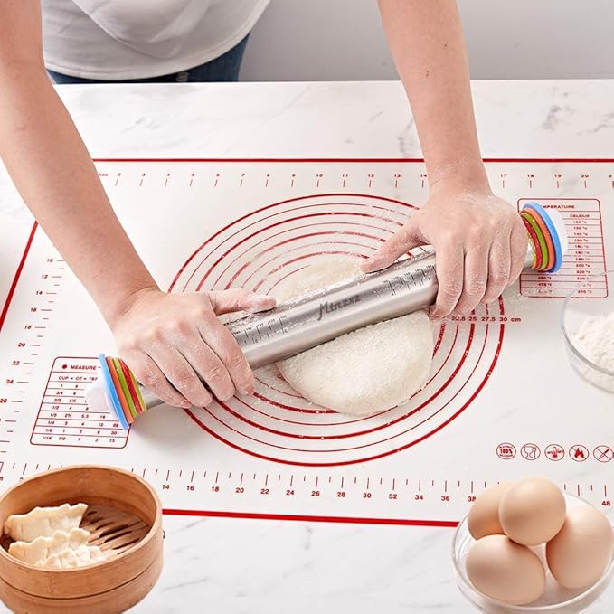 Rolling Pin and Silicone Baking Pastry Mat Set, Stainless Steel Dough Roller - Image 7