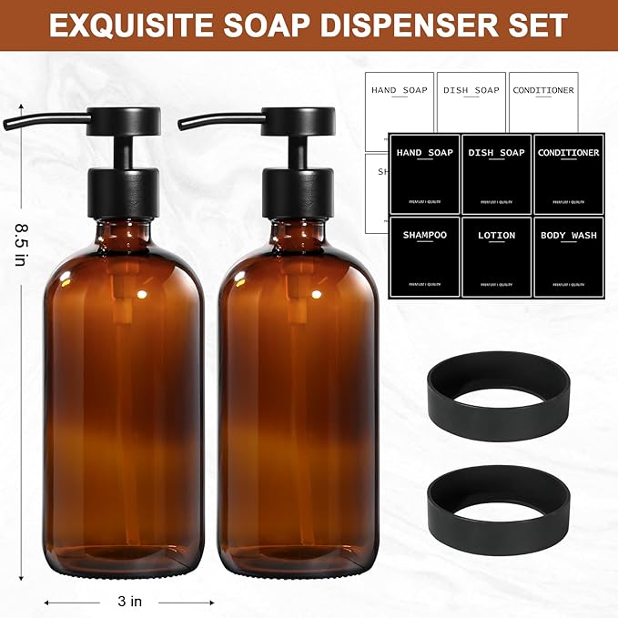 RYTOXILO Hand Soap Dispenser for Bathroom 2 Pack, Amber Glass Soap Dispenser - Image 2