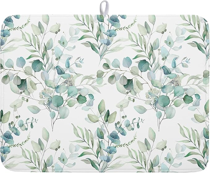 Sage Green Leaves Dish Drying Mats by Kawani