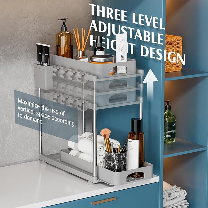VERIFOST 2 Pack Adjustable Gray Under Sink Organizers, 2 Tier Pull Out Storage - Image 4