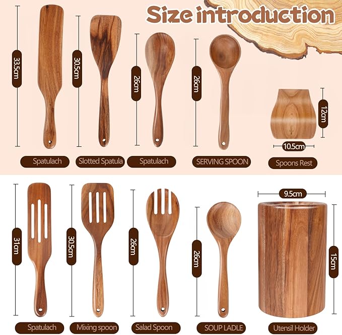 MYRAINBOW Wooden Spoons for Cooking, 10-Piece Teak Wooden Cooking Utensil Set - Image 3