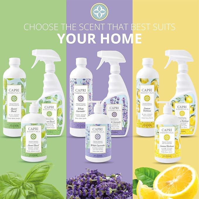 CAPRI ESSENTIALS Dish Soap Liquid, Natural Household Cleaning, Plant Based Aromatic Dish Detergent, Blend of Essential Oils with Juniper & Chamomile, White Lavender, 16 FL Oz (6 Pack)