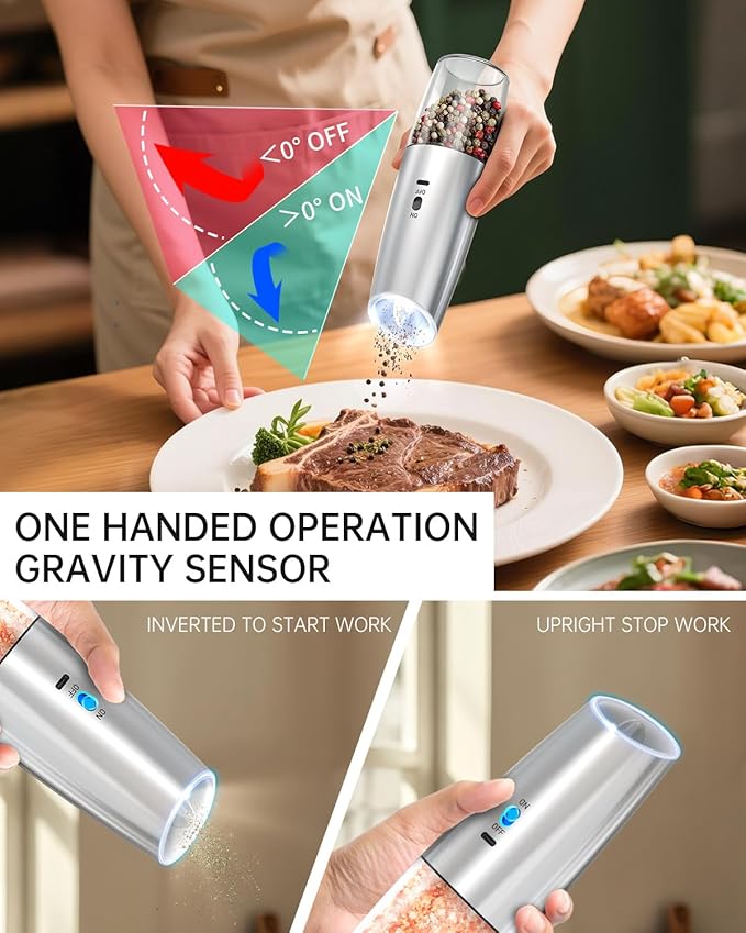 CIRCLE JOY Rechargeable Gravity Electric Salt and Pepper Grinder Set, Stainless - Image 4