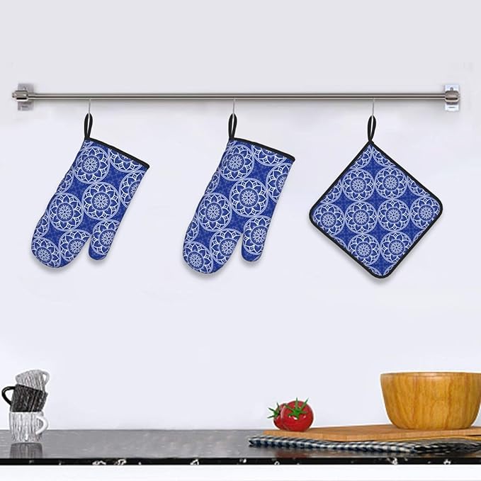 Chinoiserie Blue and White Floral Oven Mitts and Pot Holders Sets of 3 - Image 2