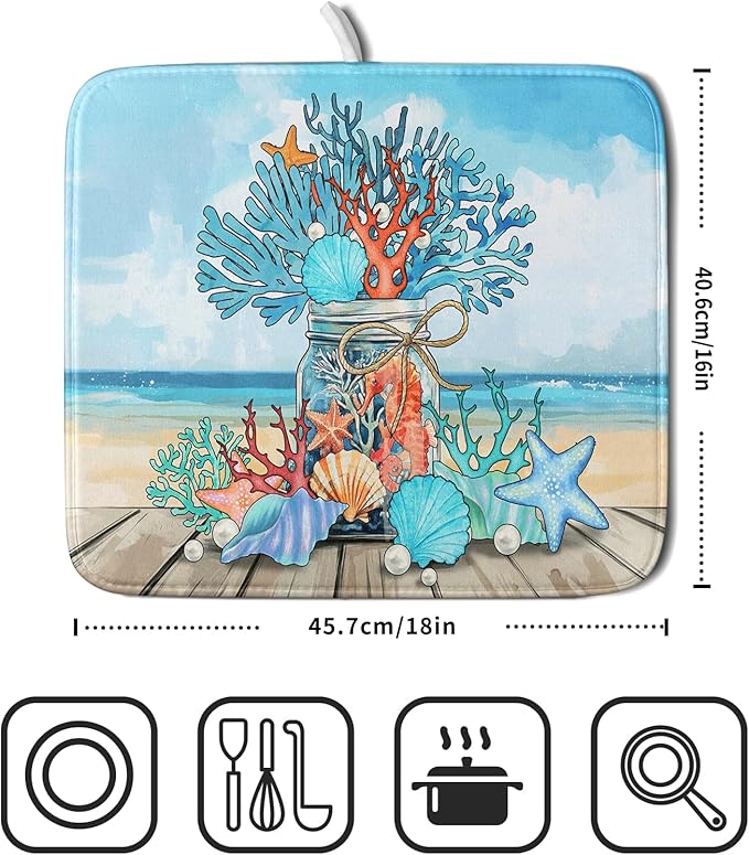 Coastal Coral Dish Drying Mat 16x18 inch Starfish Shell Fast Dry Microfiber - Image 2