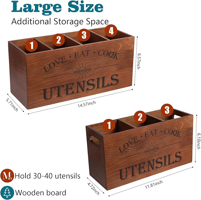 2 PC Wooden Utensil Holder, （With 4-Compartments size*1 + 3-Compartments - Image 2
