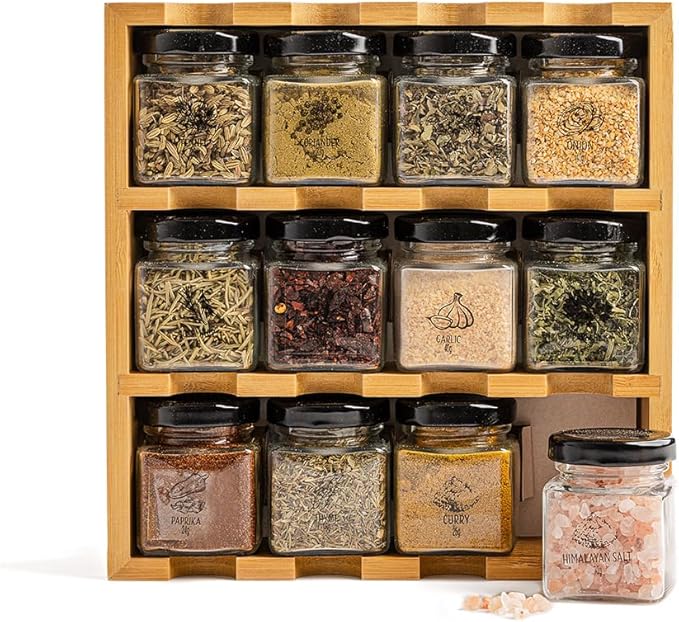 TILZ GEAR Wooden 3-Tier Spice Rack, 12 Filled Glass Jars, 12 Organic Spices - Image 3