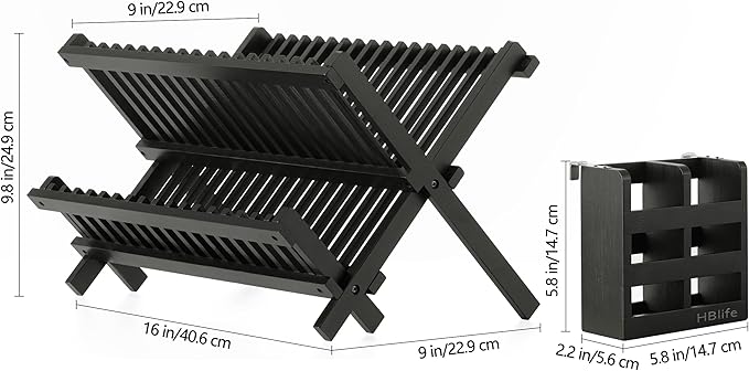 HBlife Dish Rack, Bamboo Folding 2-Tier Collapsible Drainer Dish Drying Rack - Image 2