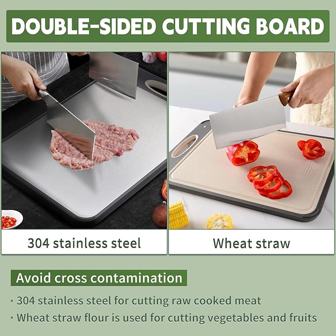Cutting Board Double Sided, Large Stainless Steel Cutting Boards, Wheat Straw - Image 2