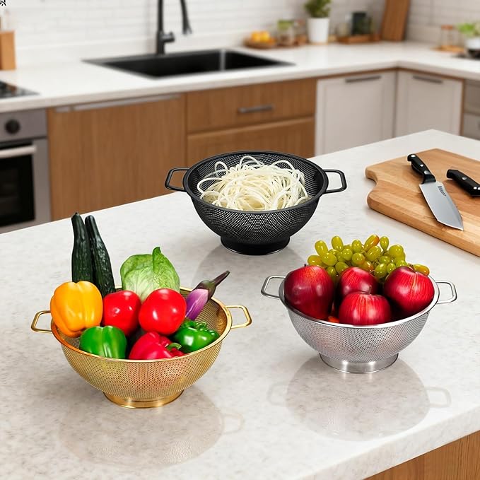 3PCS Three Colors Mix Colander Set, 3QT Black & 4QT Silver & 5QT Gold, - Image 3