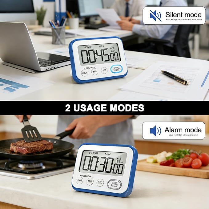 Digital Kitchen Timer Magnetic Loud Alarm, Large LCD Screen Silent/Beeping - Image 5
