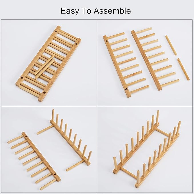 HBlife 4pcs Bamboo Dish Plate Bowl Cup Book Pot Lid Cutting Board Drying Rack - Image 6