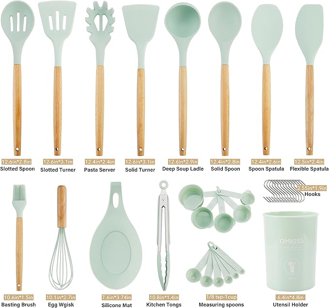 QMVESS Silicone Kitchen Utensils Set, Sturdy Insulation Wooden Handle Kitchen - Image 7