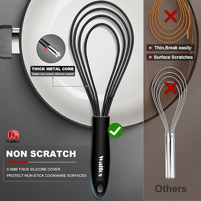 Walfos Silicone Flat Whisk, 11inch Flat Whisk Non Scratch Coated Flat Whisks - Image 2