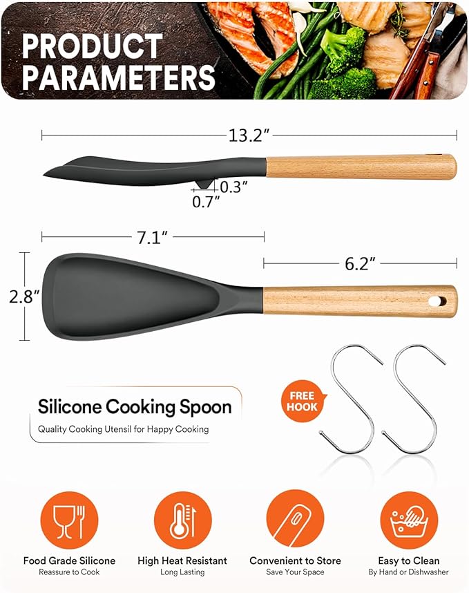 Cooking Spoon for Nonstick Cookwares, Wood Handle Spoon for Mixing, and Scrape - Image 2