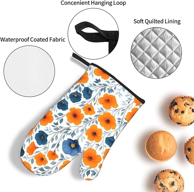 Spring Orange Blue Floral Oven Mitts and Pot Holders Sets of 3, Heat Resistant - Image 6