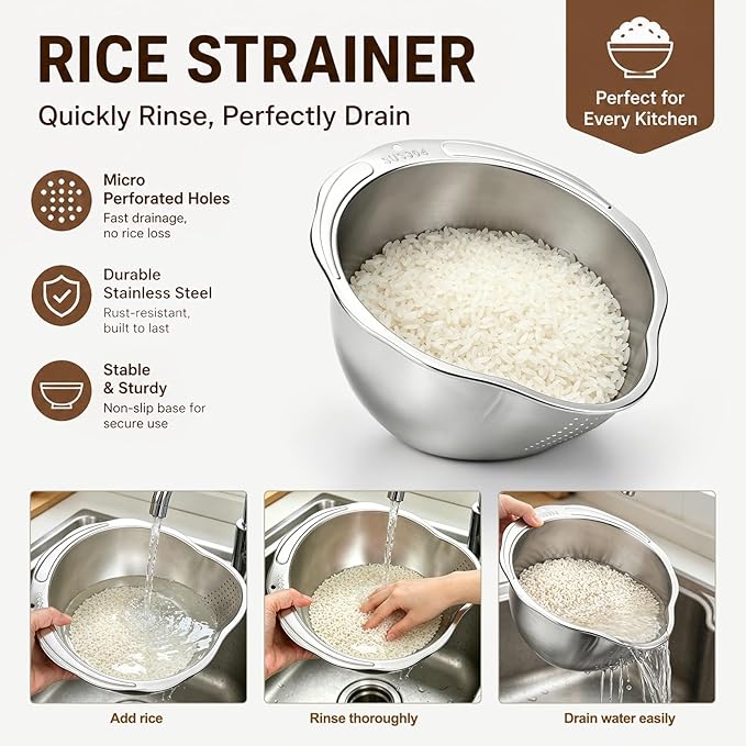 Palksky Rice Strainer & Rice Washing Bowl Stainless Steel - Image 4