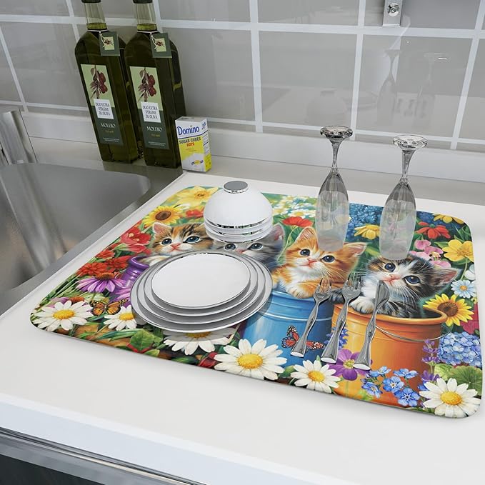 Lovely Cat Drying Mat for Kitchen Counter Colorful Flower Absorbent Coffee Bar - Image 6