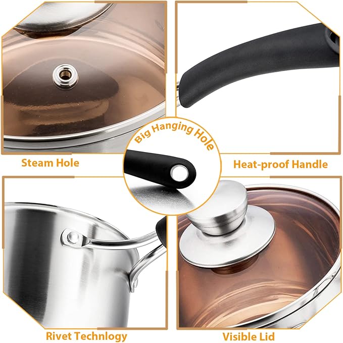 P&P CHEF 3 Quart Saucepan Small Pot, Stainless Steel Saucepan - Image 3