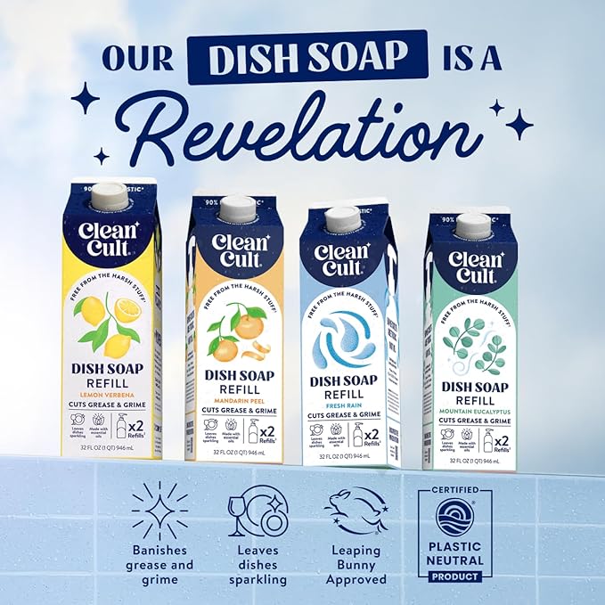 Cleancult Dish Soap Liquid Refills - Plant Based Cleaning Power - Cuts Grease & Grime - Free of Harsh Chemicals - Uses 90% Less Plastic - Free & Clear - 32 oz/3 Pack