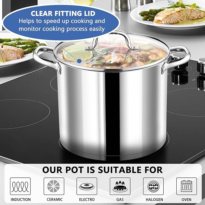 P&P CHEF 12 QT Stock Pot with Lid, Stainless Steel Large Cooking Pot, Soup - Image 5