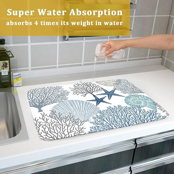Blue Coral Dish Drying Mat 18x24 Inch Absorbent Reversible Summer Beach Drying - Image 7