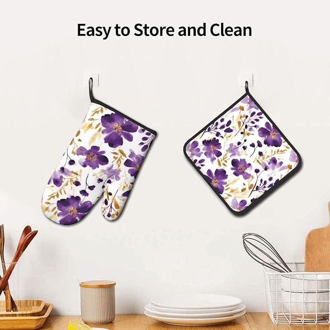 Spring Purple and Gold Floral Oven Mitts and Pot Holders Sets of 3, Non-Slip - Image 5