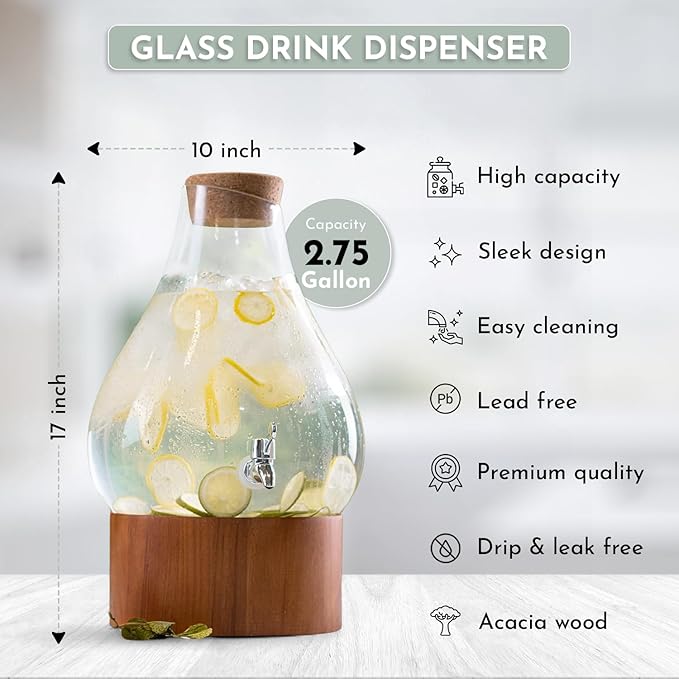 Classic Home Teardrop Clear Glass Ice Cold Beverage Drink Dispenser- 2.75 Gallon - Image 2
