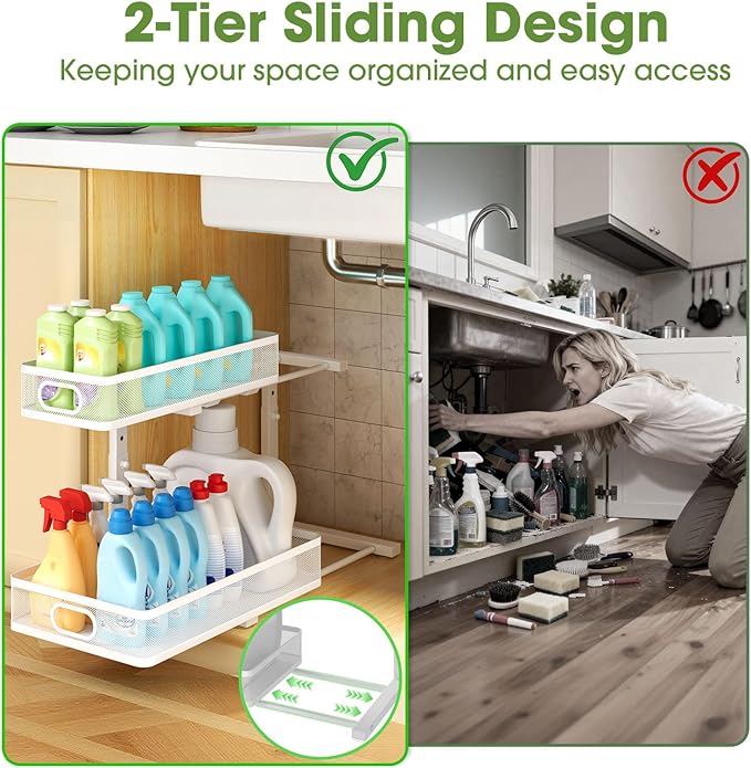 Under Sink Organizer 2-Pack, Metal 2-Tier Pull-Out Cabinet Shelf - Image 2