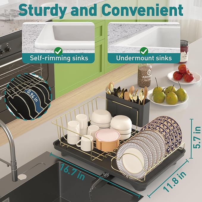 Buruis Dish Drying Rack for Kitchen Countertop, Large Capacity Gold Stainless - Image 3
