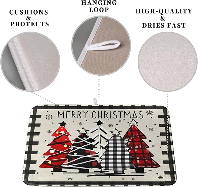 Christmas Trees Kitchen Dish Drying Mat 18x24 Inch Merry Christmas Black White - Image 3