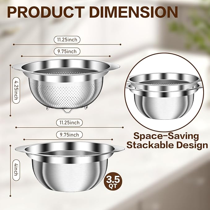 3.5QT Colander with Bowl, Rice Strainer, Stainless Steel Mixing Bowls with - Image 8