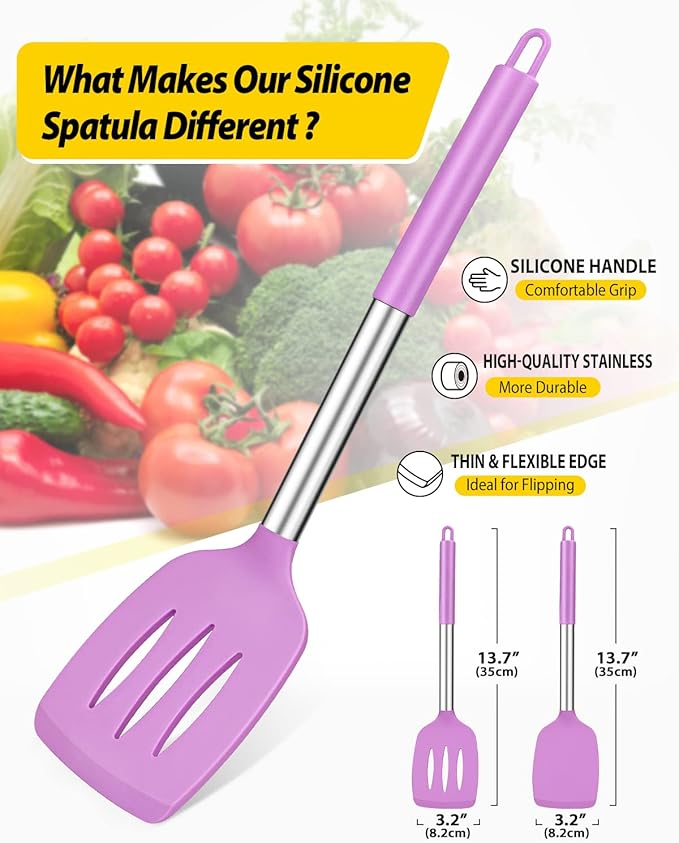 Pack of 2 Silicone Solid Turner, Non Stick Slotted Kitchen Spatulas, High Heat - Image 2