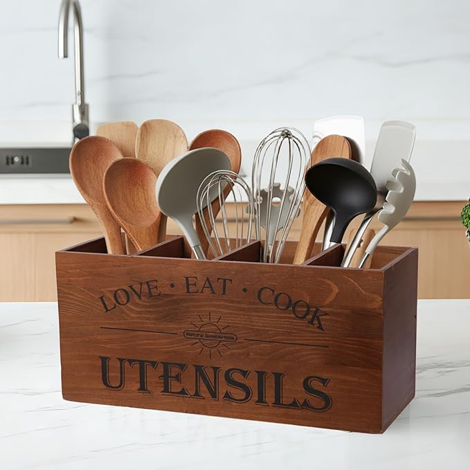 2 PC Wooden Utensil Holder, （With 4-Compartments size*1 + 3-Compartments - Image 7