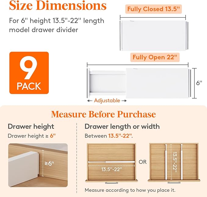 Lifewit 9 Pack 6" High Drawer Dividers 34-56cm/13.5-22" Adjustable Drawer - Image 2