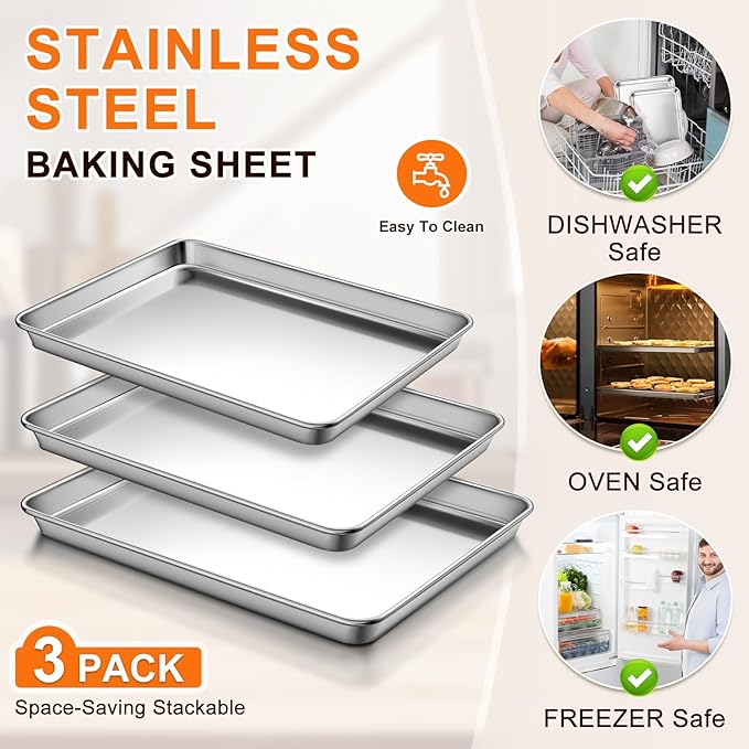 Baking Sheet Set of 3, Commercial Grade Stainless Steel Cookie Sheets - Image 5
