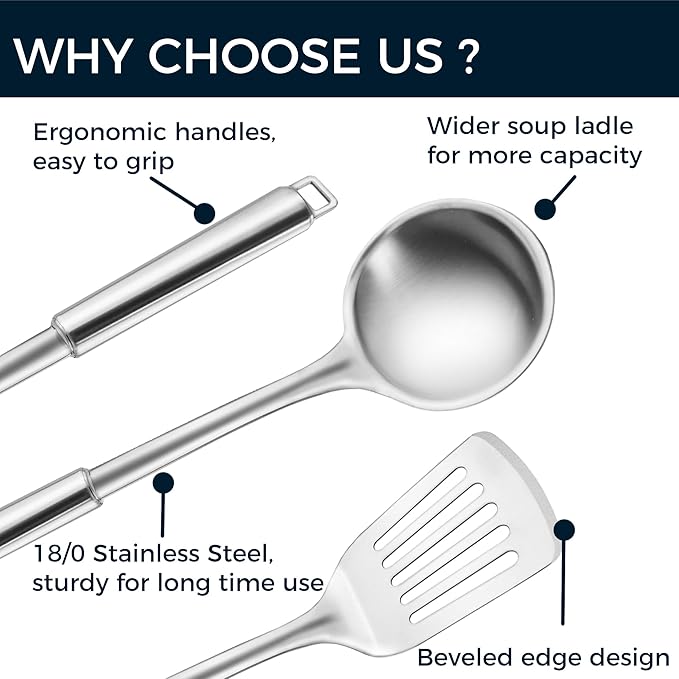 18/0 Stainless Steel Kitchen Cooking Utensil Set, Ergonomic Handle, Dishwasher - Image 2