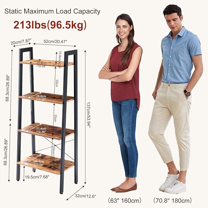 DUMOS Ladder Shelf, 4-Tier Display Bookshelf, Industrial Style Storage Standing - Image 3