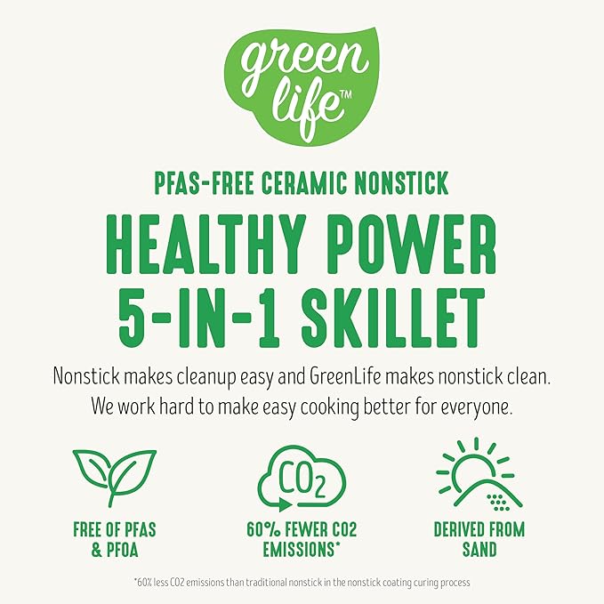 GreenLife12" 5QT Square Electric Skillet, Glass Vented Lid, Ceramic PFAS-Free - Image 8