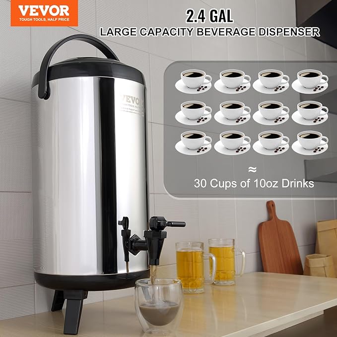 VEVOR Stainless Steel Insulated Beverage Dispenser, 2.4 Gallon 9.2 Liter - Image 2