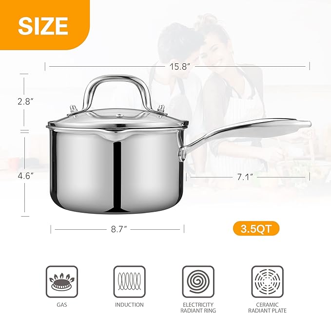 Stainless Steel Saucepan with Glass Lid, 3.5 Quart Multipurpose Sauce Pan - Image 2