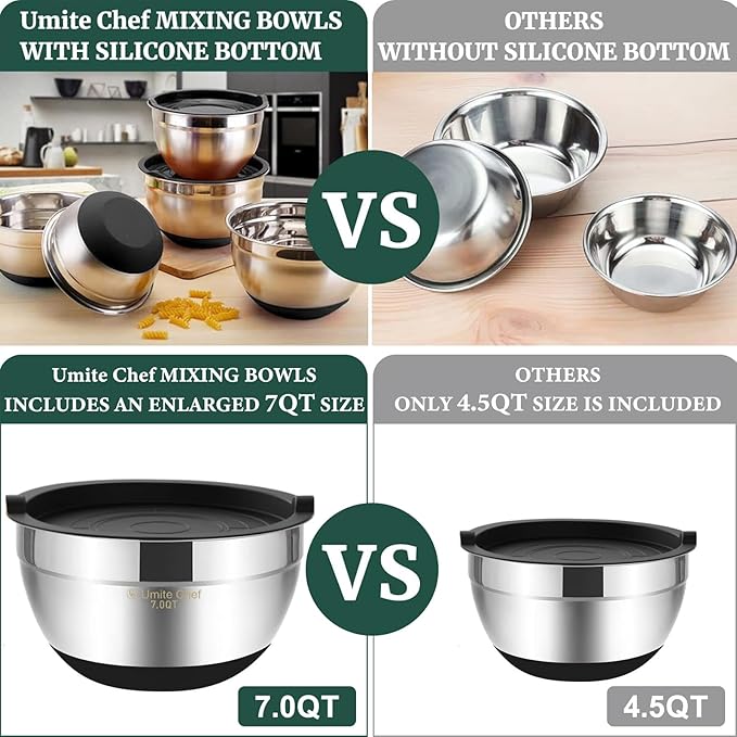 Umite Chef Mixing Bowls with Airtight Lids，6 piece Stainless Steel Metal - Image 5