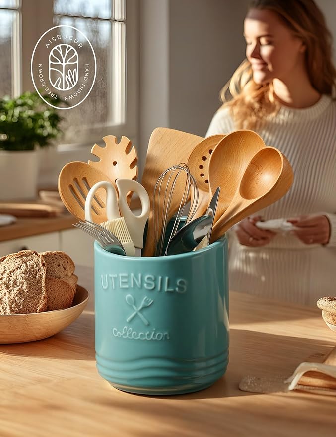 AISBUGUR Large Ceramic Utensil Holder 7.5" H×6.3" W - Image 6