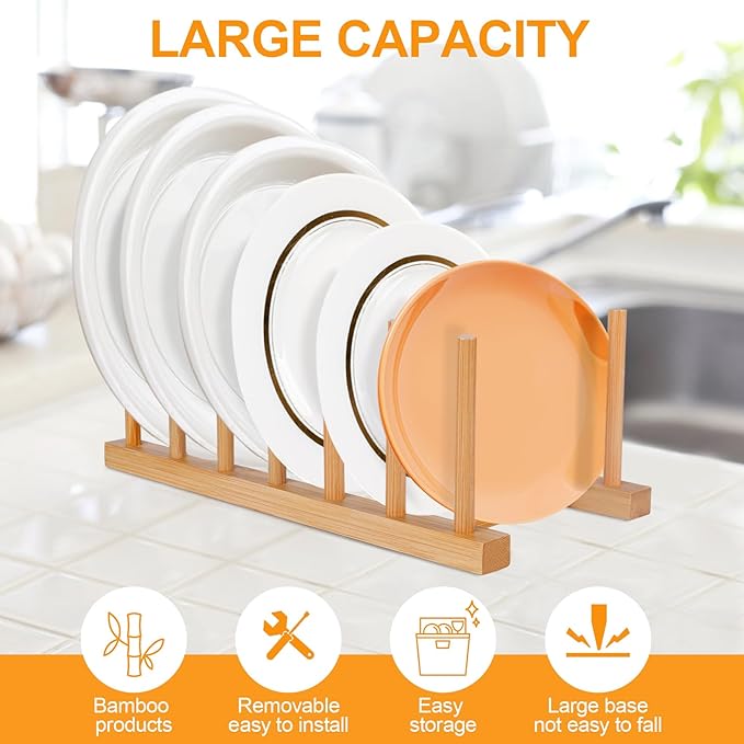 SAMEBUTECO Bamboo Wooden Dish Racks Plate Stand Holder Vertical Drainer Kitchen - Image 5