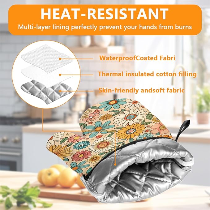 Boho Floral Oven Mitts and Pot Holders Sets 4Pcs, Extra Long Oven Gloves - Image 3