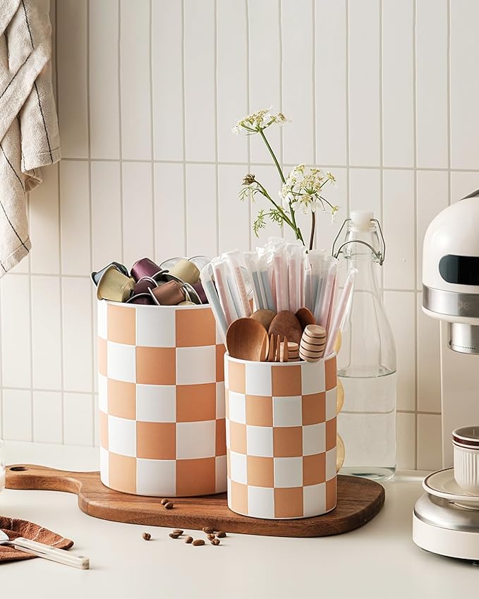 Utensil Holder，7.2 Inch Checkered Utensil Holder, Ceramic Cooking Utensil - Image 5