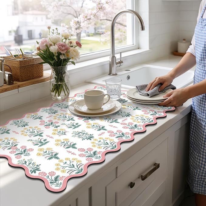 LOKHOM Scalloped Floral Dish Drying Mat, Cuttable Hide Stain Non-slip Drying Mat - Image 8
