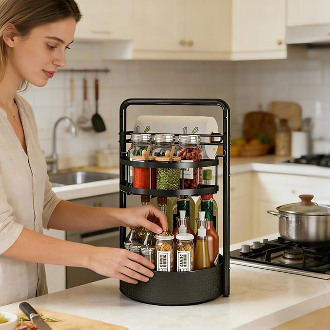 Rotating Spice Rack with Paper Towel Holder, 2 Tier Turntable Lazy Susan - Image 2