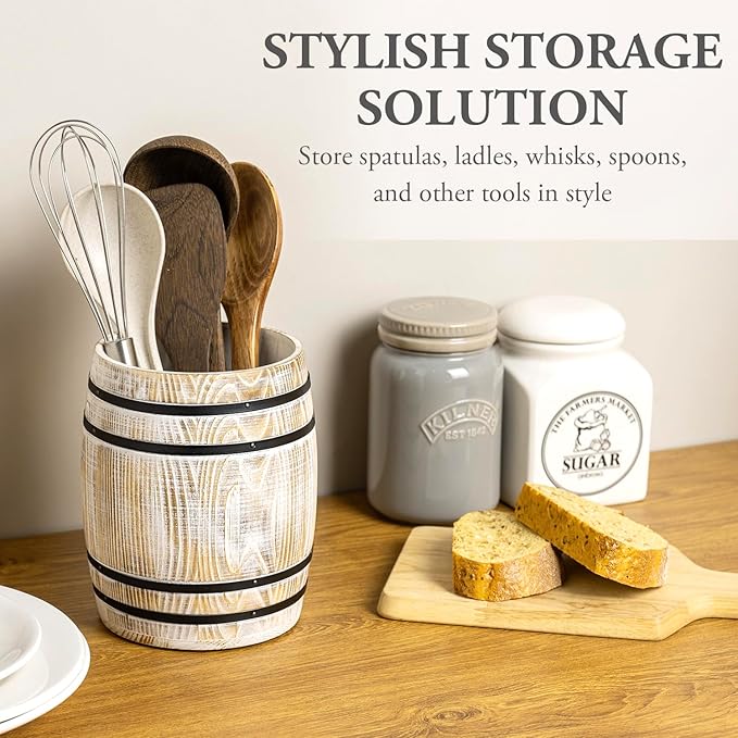 MyGift Wine Barrel Design Kitchen Utensil Holder Crock, Vintage White Washed - Image 3